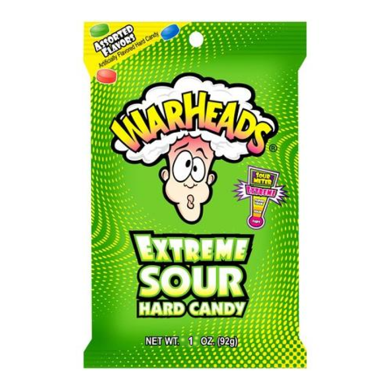 Front of Warheads Extreme Sour Hard Candy pack showing vibrant green packaging with logo and illustration of a boy experiencing extreme sourness (28g pack)