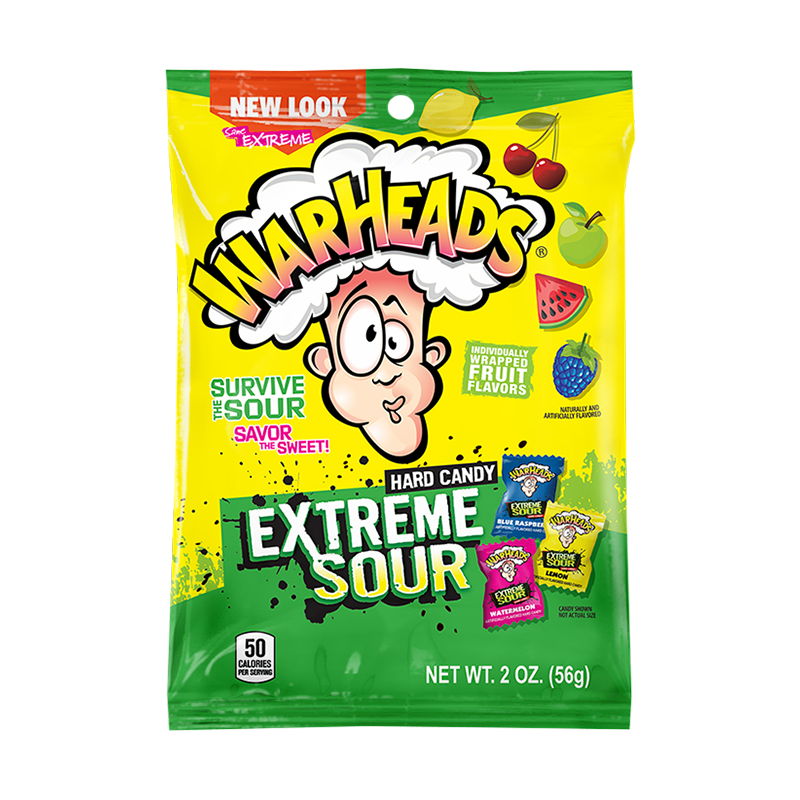 Front of Warheads Extreme Sour Hard Candy bag showing the bright yellow packaging, logo, and various fruit flavour icons (56g pack)