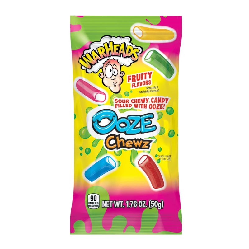 Front of Warheads Ooze Chewz bag showing vibrant logo, fruity flavours label, and colourful chewy candies (50g pack)