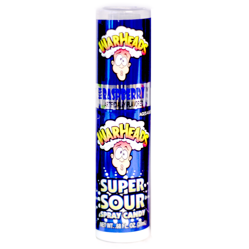 Front of Warheads Super Sour Spray Blue Raspberry bottle featuring vibrant blue label with logo and 20ml size details
