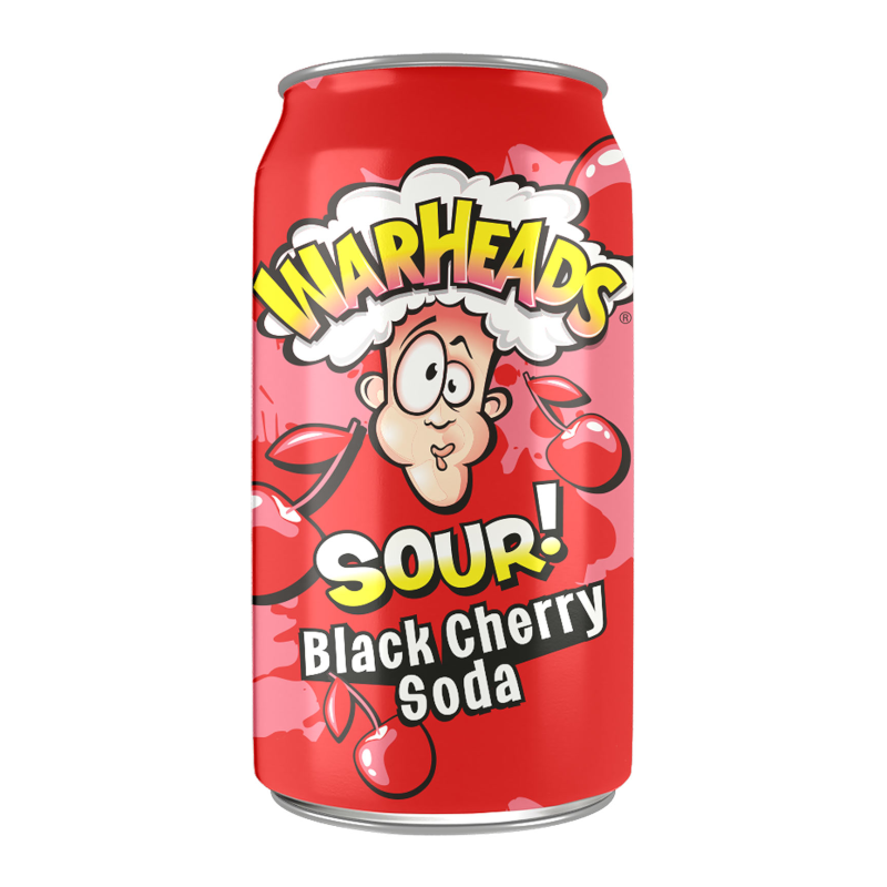 Front of Warheads SOUR! Black Cherry Soda can showing the bold logo, cartoon character, and vibrant black cherry design (355ml pack)