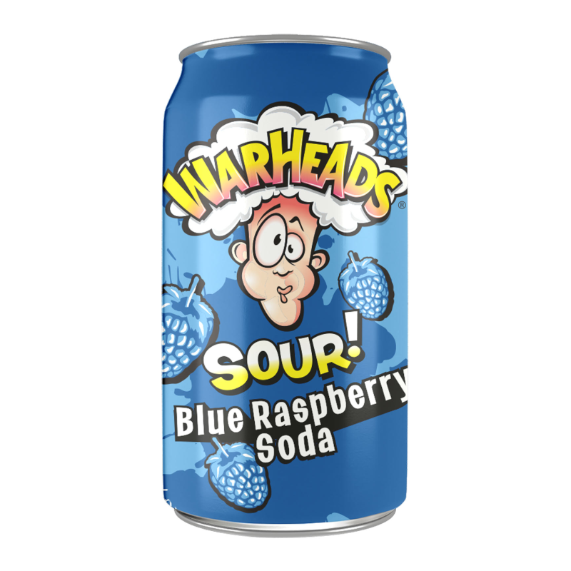 Front of Warheads SOUR! Blue Raspberry Soda can featuring vibrant blue design, character logo, and showcasing the product name (355ml)