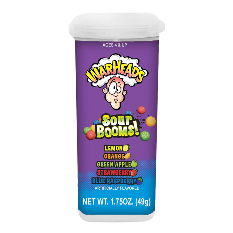 Front of Warheads Sour Booms! container showing vibrant purple design, logo, and five flavour labels: lemon, orange, green apple, strawberry, blue raspberry (49g pack)