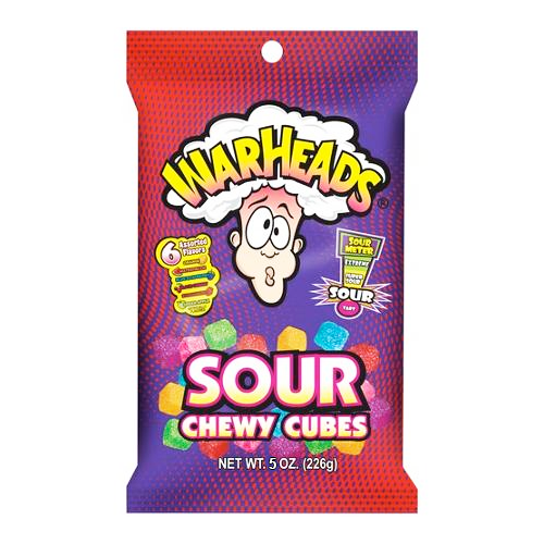 Front of Warheads Extreme Sour Cubes bag featuring the brand logo, vibrant colours, and a label indicating 142g pack size
