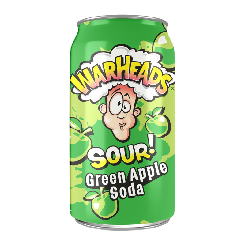 Front of Warheads SOUR! Green Apple Soda can featuring a vibrant green design, cartoon character, and bold text indicating the flavour (355ml).