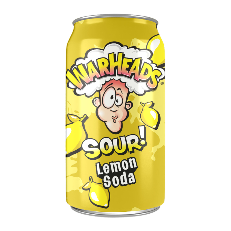Front of Warheads SOUR! Lemon Soda can featuring bold logo, sour lemon flavour text, and vibrant yellow design (355ml)