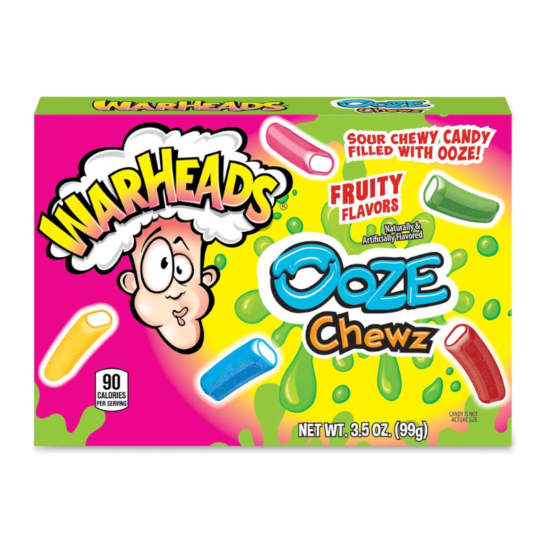 Front of Warheads Ooze Chewz Theatre Box showing bright pink design, fruity flavours, and colourful chewy candy pieces (99g pack)