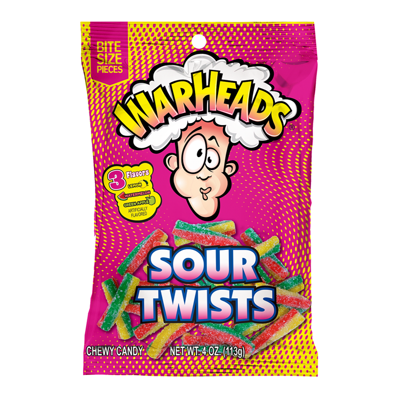 Front of Warheads Sour Twists Bag showing vibrant pink packaging, logo, and images of chewy candy twists in watermelon and green apple flavours (113g pack)