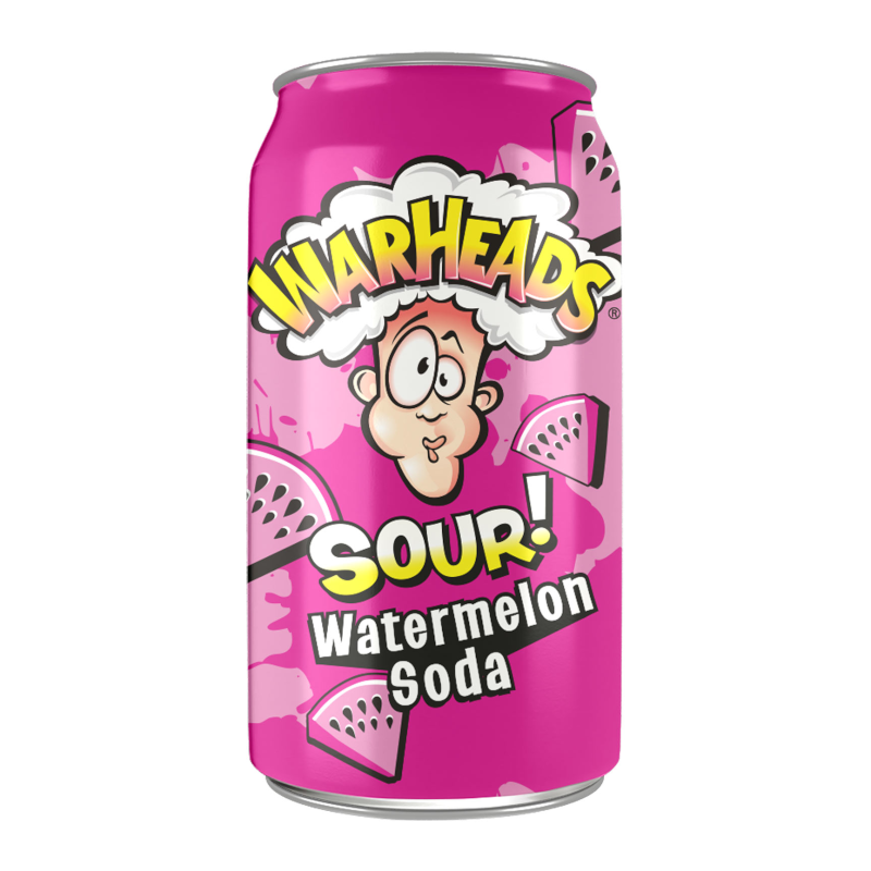 Front of Warheads SOUR! Watermelon Soda can featuring vibrant pink design, watermelon graphics, and the product title (355ml)