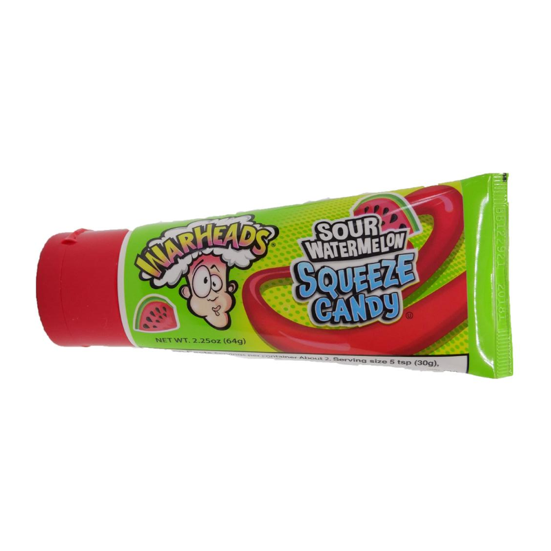 Front of Warheads Sour Watermelon Squeeze Candy tube showing bright green label with logo, watermelon graphics, and product name (42.5g)