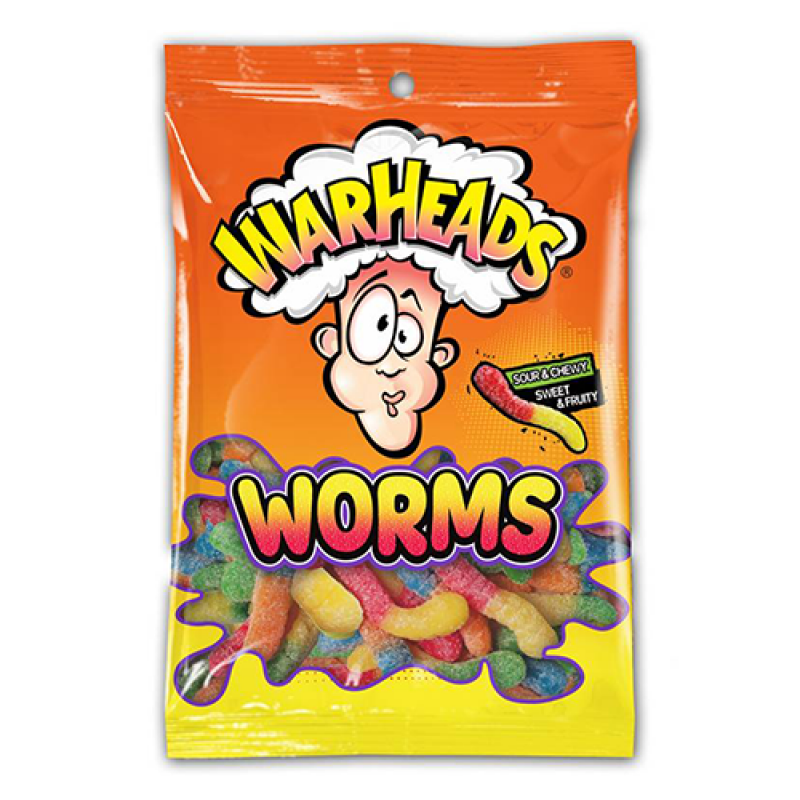 Front of Warheads Sour Worms Bag showing colourful gummy worms, brand logo, and sour and chewy label details (142g bag)