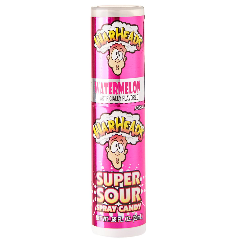 Front of Warheads Super Sour Spray Watermelon (20ml) showing pink and white packaging with brand logo and watermelon flavour label.