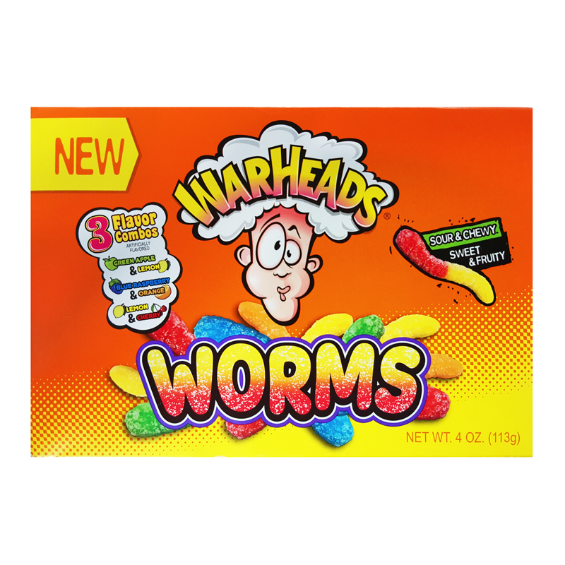 Front of Warheads Sour Worms Theatre Box displaying the brand logo, colourful sour worms, and three flavour combinations (113g pack)