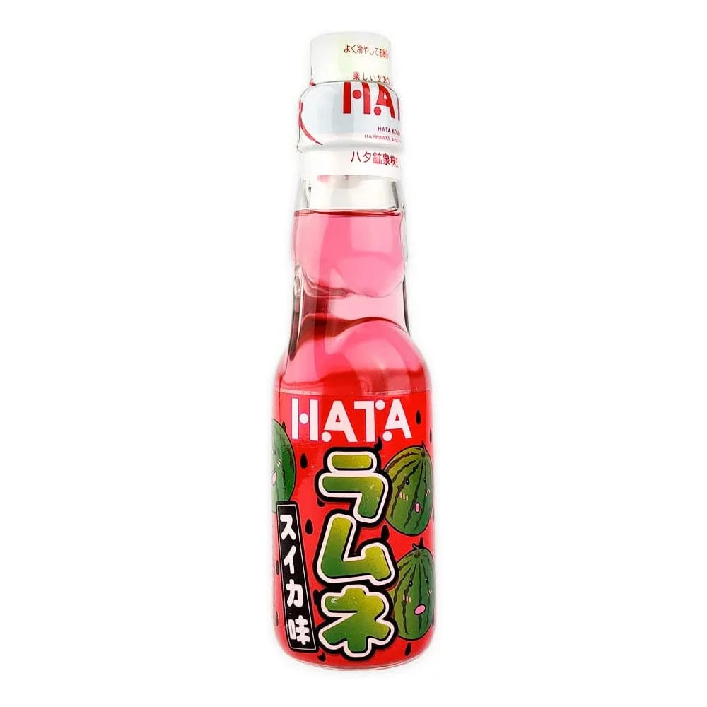 Front of Hata Ramune Watermelon bottle featuring bright red label with watermelon graphics and the product name, 200ml pack size