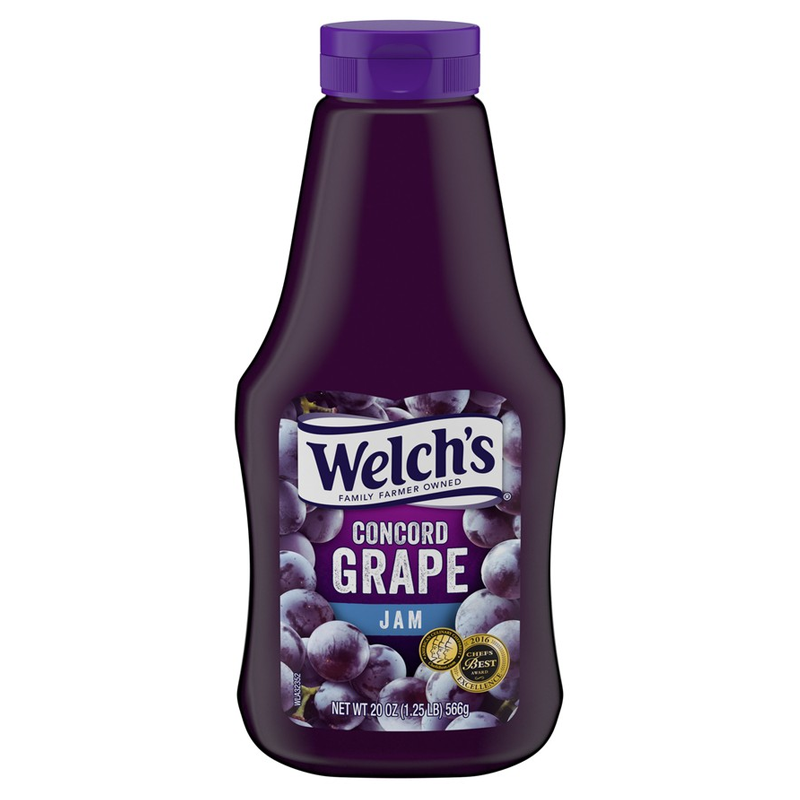 Front of Welch's Concord Grape Squeeze Jam bottle showing brand logo, grape flavour label, and pack size (567g)