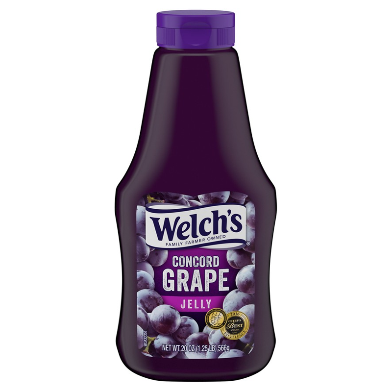 Front of Welch's Concord Grape Squeeze Jelly bottle displaying the brand logo, grape flavour label, and pack size (567g)