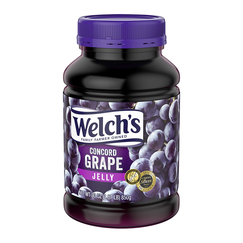Front of Welch's Concord Grape Jelly jar displaying the logo, grape flavour label, and pack size (850g).