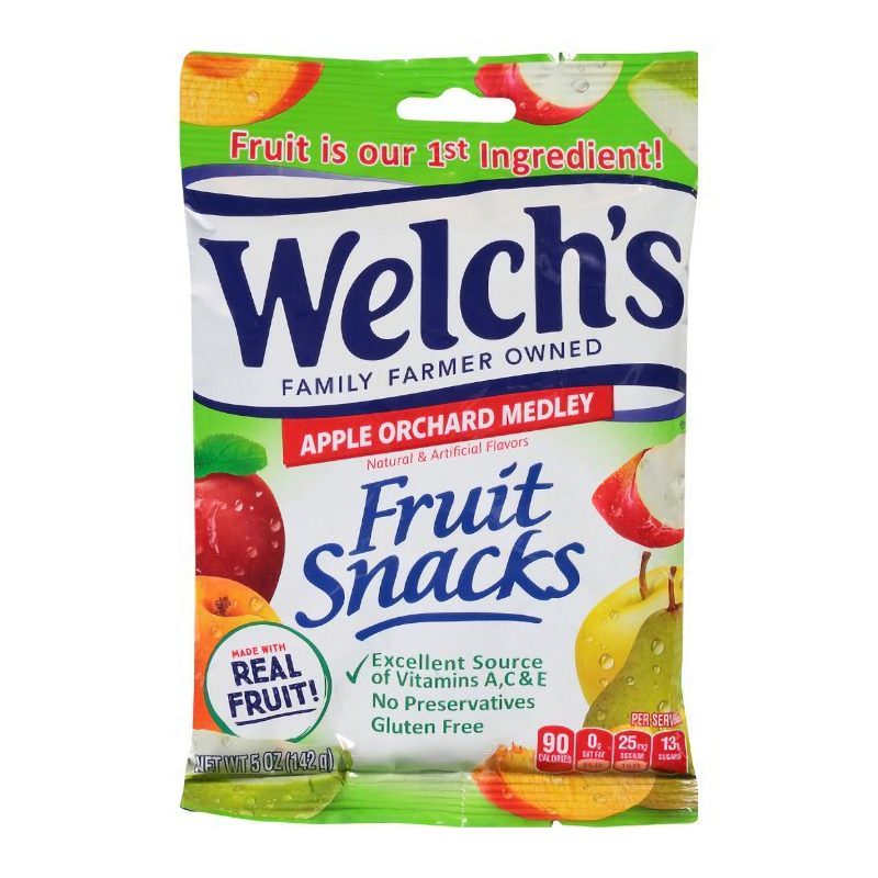 Front of Welch's Fruit Snacks Apple Orchard Medley bag showing brand logo, product name, fruit illustrations, and pack size (142g)