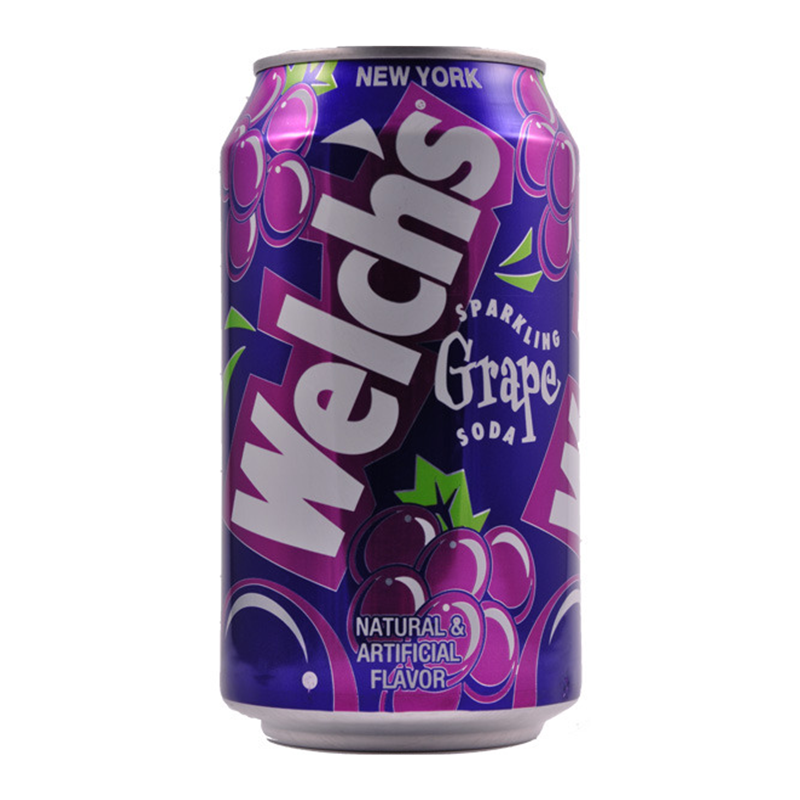Front of Welch's Grape Soda can showing vibrant purple design, grape flavour text, and 355ml volume label.