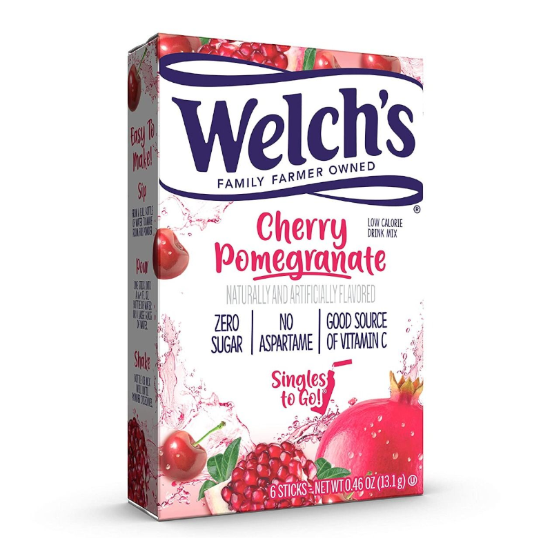 Front of Welch's Cherry Pomegranate Singles To Go box showing brand logo, Cherry Pomegranate flavour, and pack size (13.1g with 6 sticks)