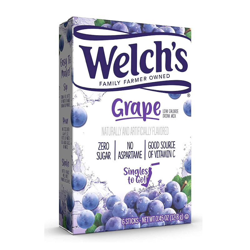 Front of Welch's Grape Singles To Go pack showing the brand logo, grape flavour text, and details of low-calorie drink mix in a 28g size