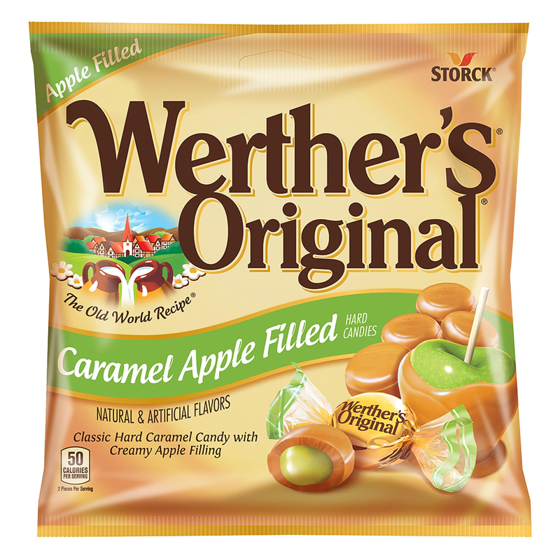 Front of a pack of Werther's Original Caramel Apple Filled Hard Candies (75g) featuring the logo, caramel hard candies, and an apple illustration.