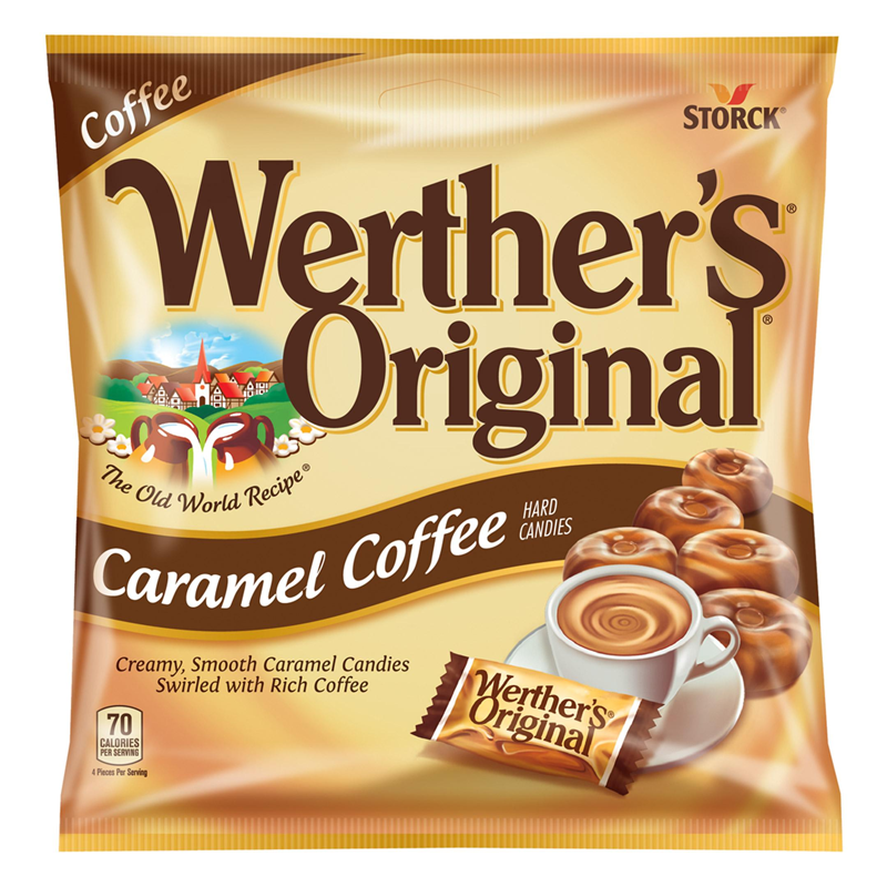 Front of Werther's Original Caramel Coffee Hard Candies bag showing logo, coffee and caramel imagery, and pack size (75g)