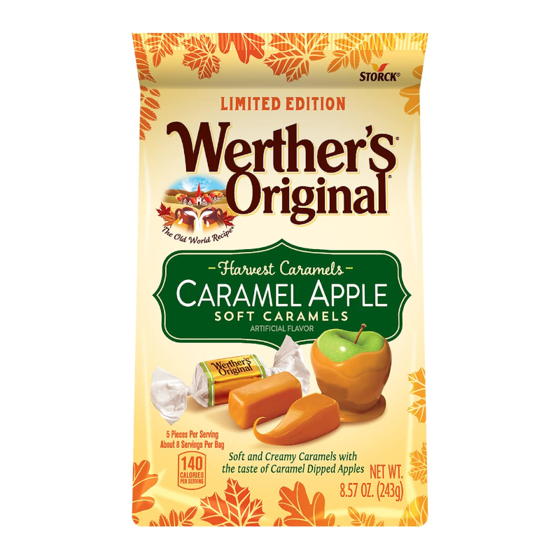 Front of a bag of Werther's Original Caramel Apple Soft Caramels with logo, caramel apple flavour graphic, and pack size of 243g.