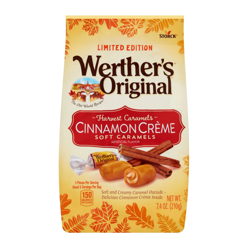 Front of Werther's Original Cinnamon Crème Soft Caramels bag showing brand logo, cinnamon flavour label, and caramel pieces (210g pack)