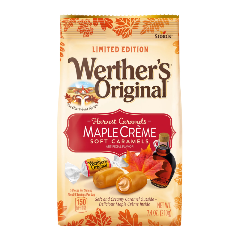 Front of Werther's Original Maple Creme Soft Caramels bag featuring the logo, maple crème flavour, and 210g pack size with caramel images.