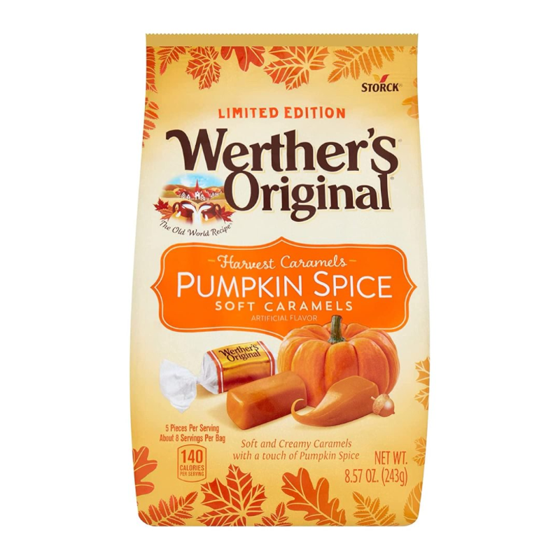 Front of Werther's Original Pumpkin Spice Soft Caramels bag showing logo, pumpkin spice flavour label, and image of soft caramels (243g pack)