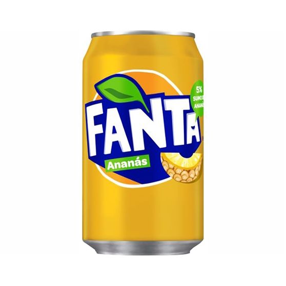 Front of Fanta Pineapple Ananas can showing bright yellow design, logo, and pineapple details (355ml)