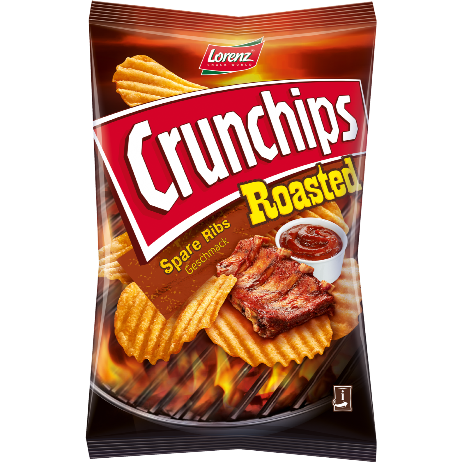 Front of Crunchips Roasted Spare Ribs 140g bag showing crispy chips, roasted spare ribs image, and logo
