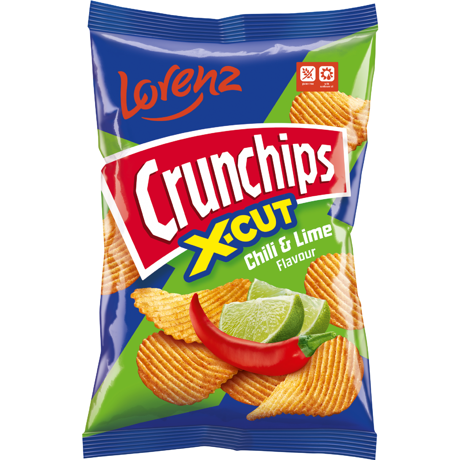 Front of Crunchips Chilli & Lime bag featuring the brand logo, product name, flavour details, and a vibrant visual of crispy chips with lime and chilli (150g pack)
