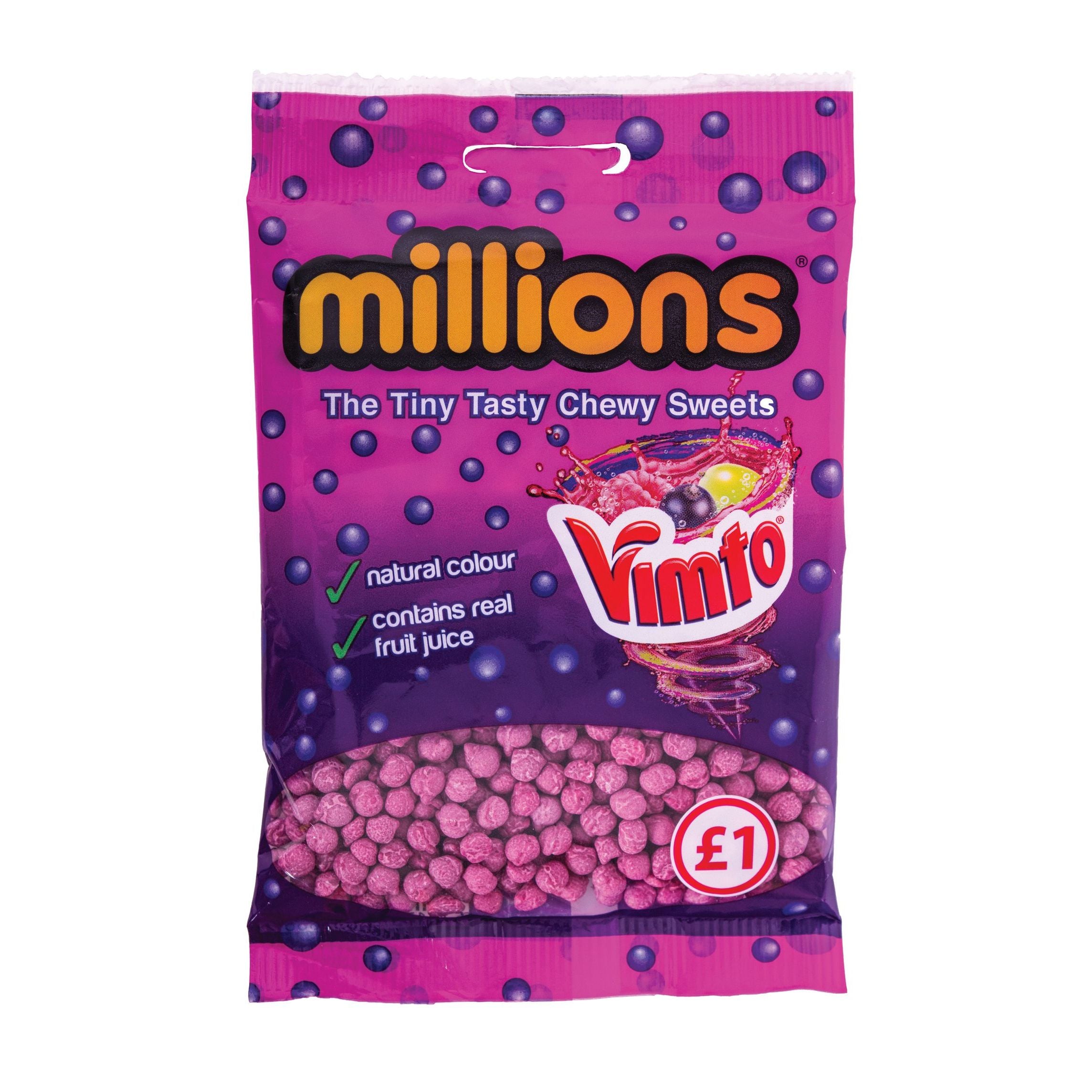 Front of Millions Vimto bag showing bold purple logo, description of tiny tasty chewy sweets, and pack size (85g)