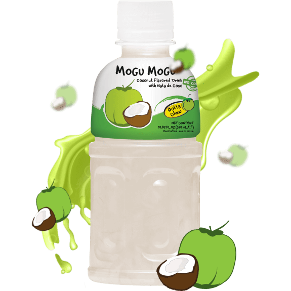 Front of Mogu Mogu Coconut drink bottle showing the logo, coconut flavour label, and 320ml packaging with nata de coco elements.