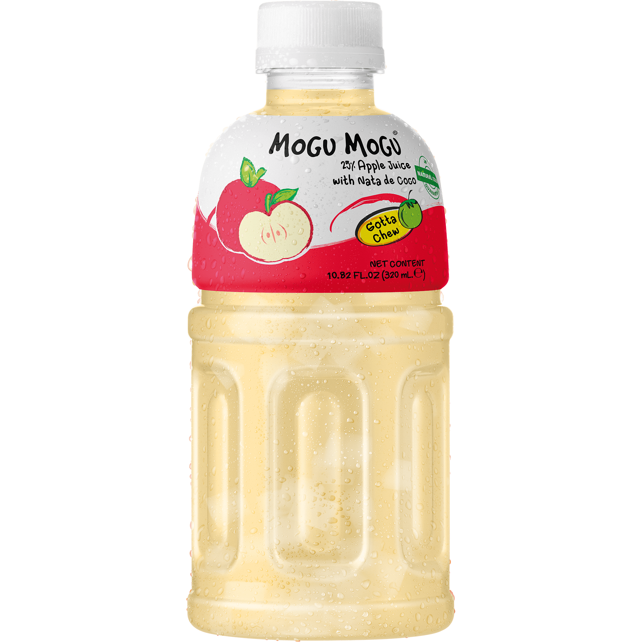 Front of Mogu Mogu Apple 320ml bottle showcasing the logo, apple imagery, and nata de coco label details.