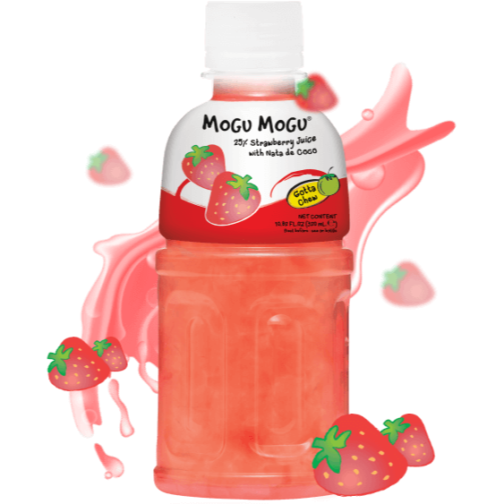 Front of Mogu Mogu Strawberry drink bottle showing colourful strawberry graphics, logo, and 320ml quantity.