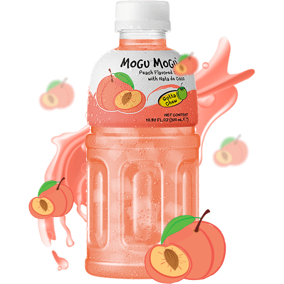 Front of Mogu Mogu Peach drink bottle featuring vibrant peach graphics, bold logo, and label details (320ml).
