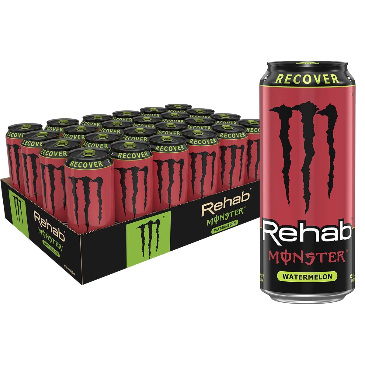 Front of Monster Rehab Watermelon case showing logo, watermelon flavour label, and 24 cans in a pack (458ml x 24)