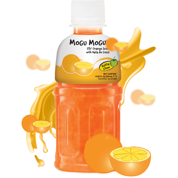 Front of Mogu Mogu Orange bottle showing logo, orange juice with coconut bits, and vibrant orange colour (320ml pack)