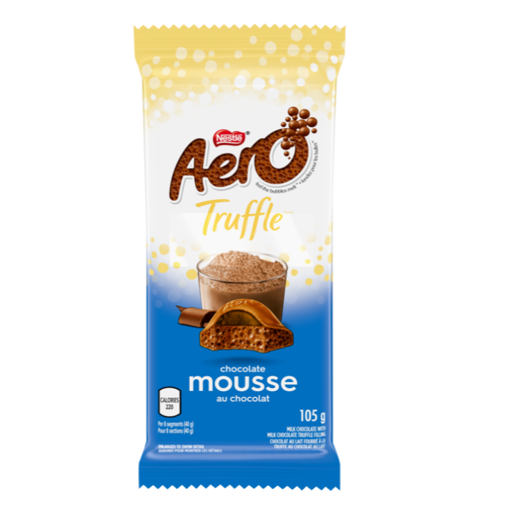 Front of Aero Truffle Chocolate Mousse packaging featuring rich chocolate mousse in a glass, truffle imagery, and 105g size label