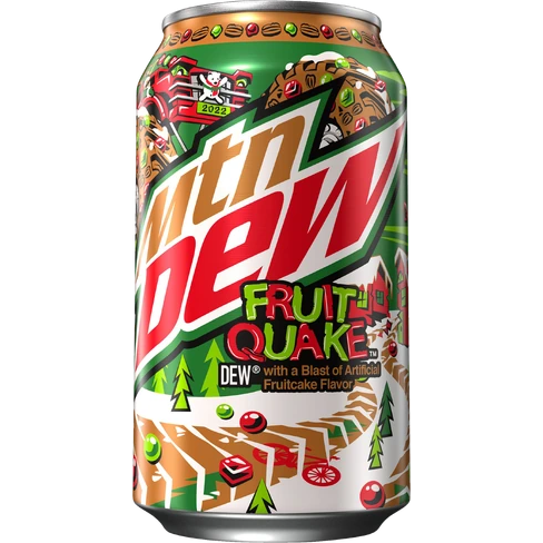 Front of Mountain Dew Fruit Quake can featuring the vibrant logo, colourful design, and festive elements (355ml)