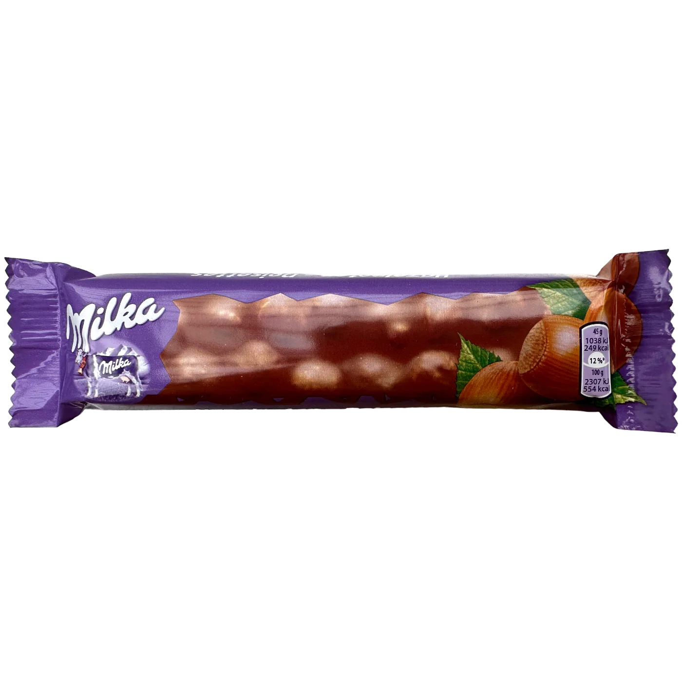 Front of Milka Whole Hazelnut chocolate bar showing logo, whole hazelnuts, and purple packaging (45g pack)
