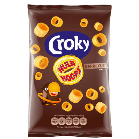 Front of Hula Hoops Barbeque bag showing the Croky logo, barbecue flavour label, and fun graphics of the crunchy rings (75g pack)
