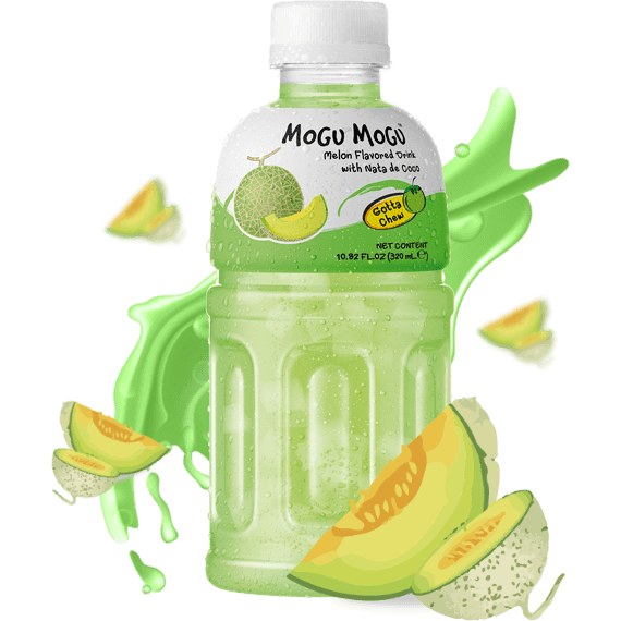 Front of Mogu Mogu Melon drink showing green label, melon flavour details, and pack size (320ml)
