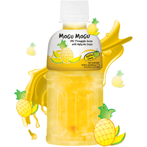 Front of Mogu Mogu Pineapple drink bottle showing logo, 25% pineapple juice label, and coconut pieces (320ml bottle)