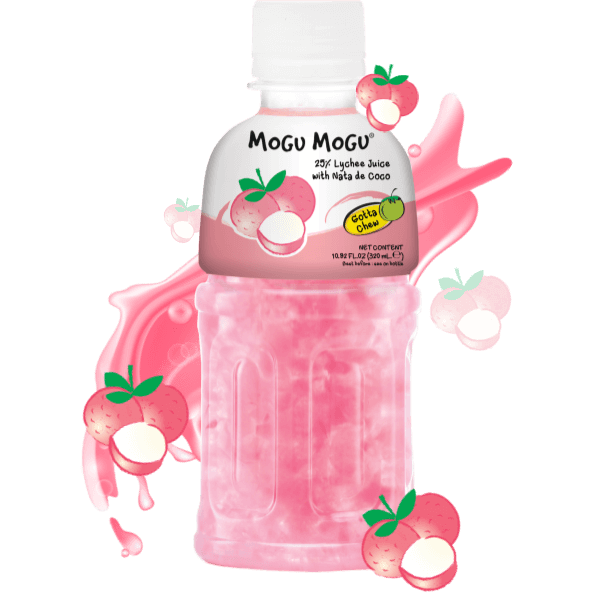 Front of Mogu Mogu Lychee drink showing the pink bottle, lychee juice label, and nata de coco representation (320ml)