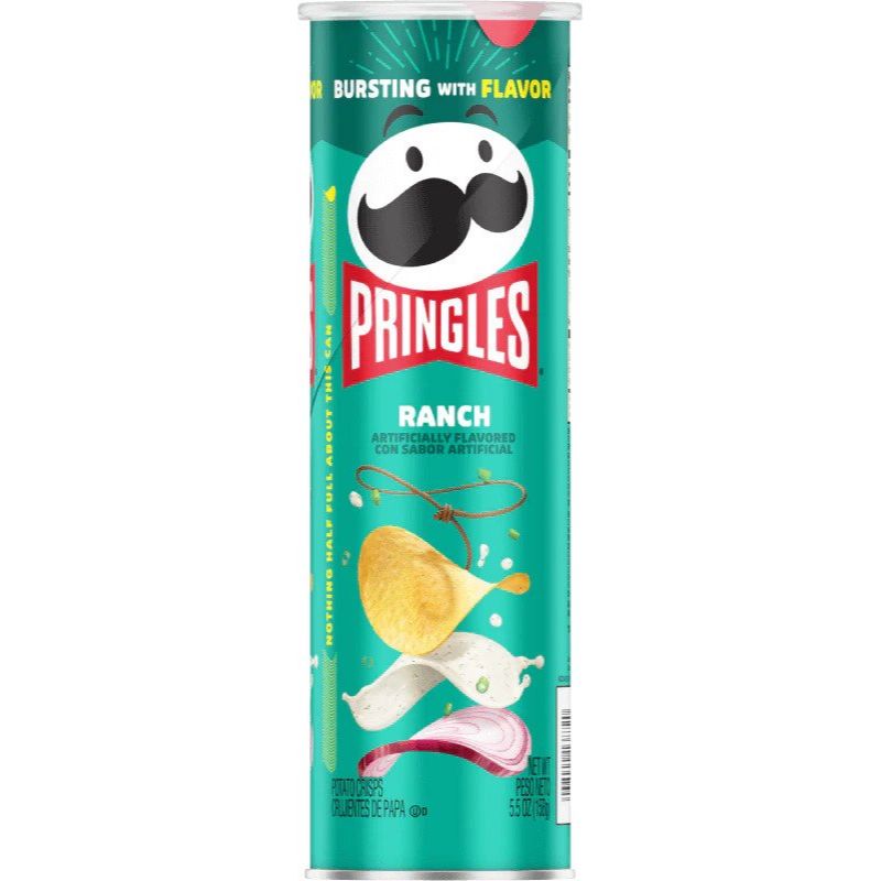 Front of Pringles can showing bright turquoise label, ranch flavour text, and iconic logo (156g pack)