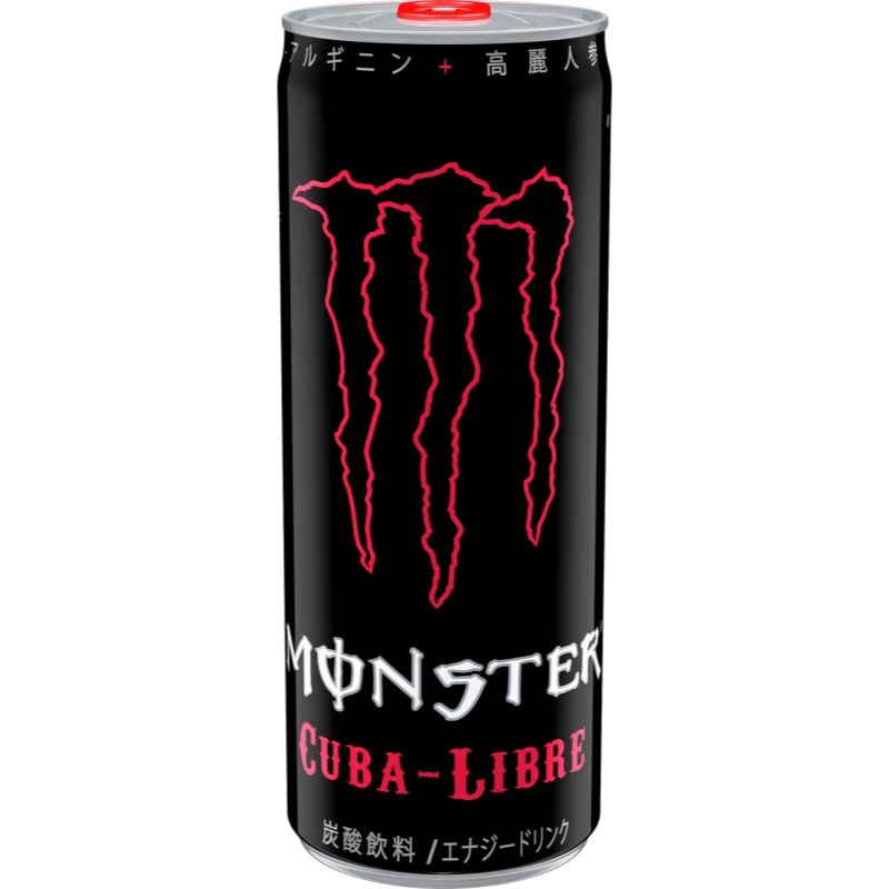 Front of Monster Energy Cuba-Libre can showing black background, vivid pink logo, and product name with 355ml size.